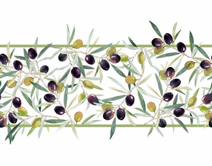 Hand-painted watercolor seamless pattern featuring horizontal olive branches with green and purple fruit. Perfect for kitchen textile, labels, packaging, wallpaper, and Mediterranean-inspired designs.