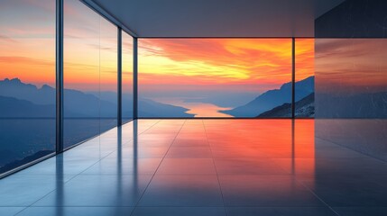 Fototapeta premium Modern Interior with Scenic Sunset View and Glass Walls