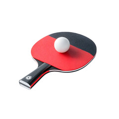 Ping pong paddle with a red and black face with a white ball on top of the paddle.