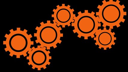 An animated row of spinning gears with symbols of the financial sector and blockchain technology on a black background.