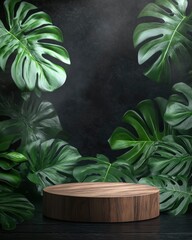 Wood Podium with Tropical Leaves for Product Display