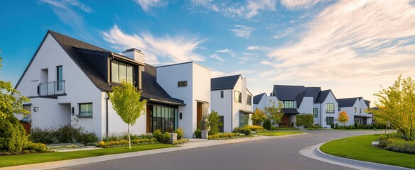 The Modern Residential Homes in a Peaceful Suburban Neighborhood Under Blue Sky.