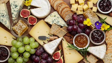 Delicious gourmet cheese and fruit with red wine on a board, a fresh and healthy appetizer or snack
