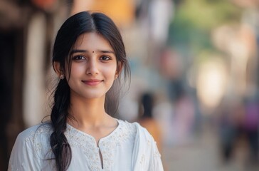 Portrait of a kind Indian woman wearing a simple and elegant white kurti with delicate embroidery