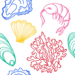 La dolce vita themed seamless pattern with Seafood. The Scallop, Shrimp, Coral, Oyster with hand drawn colourful contour on white background. Hand-drawn vector inspired by Summer Italian aesthetic.