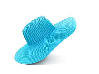 Blue long-brimmed straw hat for women on a white background.