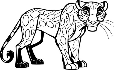 Coloring page featuring a cartoon panther in a playful stance with distinct spots and a friendly expression