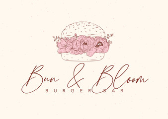 Burger bar label design with lettering bun and bloom drawing in in floral style on beige background