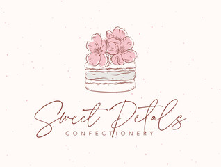 Confectionery label design with lettering sweet petals drawing in floral style on beige background