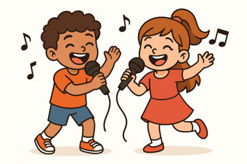 Children kids singing karaoke microphones musical performance entertainment. Happy joyful boy girl duo vocal concert show stage. Fun cartoon vector illustration music activity