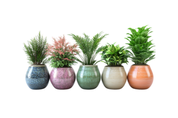 Vibrant houseplants in glossy ceramic pots, arranged in a line with various textures and leaf shapes, isolated on a transparent background