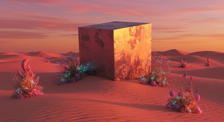 Cube in Desert Landscape at Sunset