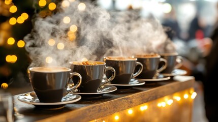 Obraz premium Steaming coffee cups market festive lights