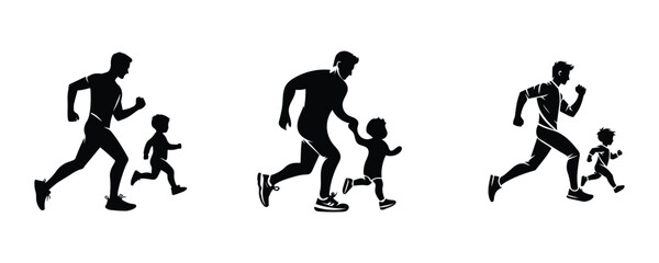 Set of dad and son running together vector illustration