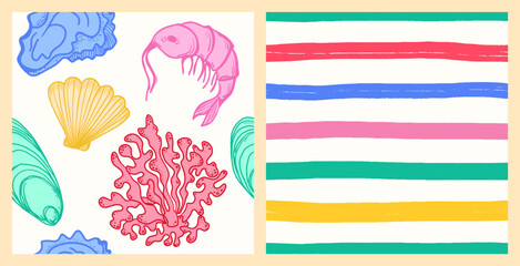 La dolce vita themed seamless pattern set with Seafood. The Scallop, Shrimp, Coral, Oyster with hand drawn colourful Stripes print on white background. Hand-drawn vector inspired by Summer Italian aes