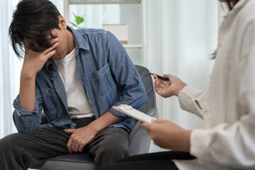 Man hold hand in front of private parts feeling discomfort and consult doctor. Venereal, testicular...