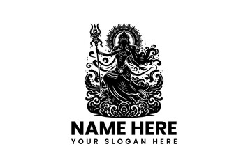 An artistic vector logo silhouette of Goddess Durga with flowing hair and a trident