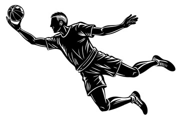 Dynamic Silhouette of a Basketball Player Making a Daring Catch, basketball, player, silhouette, catch, sports, winning, intense, powerful, graphics, visual, practice, victory, jump, skill, pose, cham