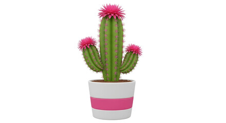 Isolated Cartoon Cactus Plant in Pot with Pink Flowers