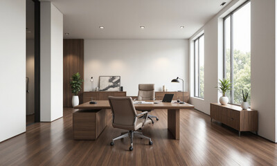 A modern office space with a large walnut desk in the center of the room, surrounded by a mocha mousse-colored ergonomic chair.
