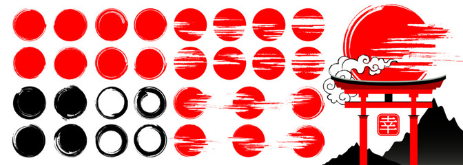 Mega set of Red Sun Symbols and Japanese Brush Circles. Grunge Calligraphy Stamps, Zen-Inspired Round Shapes, Korean or Chinese Style Elements, Set of black Abstract Asian Ink Blobs and Textures.