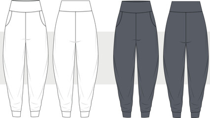 Yoga harem balloon pants, high elastic waist fashion technical drawing, illustration, vector. Front and back view, CAD, Mockup.