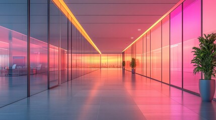Modern Office Corridor with Neon Lights and Glass Walls at Dusk