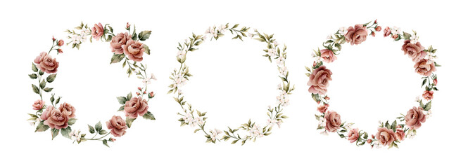 Rose flower wreath set. Dusty pink garden flowers round arrangements. Watercolor floral isolated illustration wedding