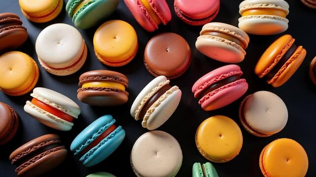 colorful macaroons on wooden background.Colorful Macaron Assortment: Gourmet French Pastries Flatlay.