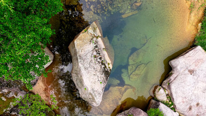 Aerial Drone Footage of a Clear Mountain Stream Flowing Through Mungyeong Countryside in Late Spring and Early Summer, Korea