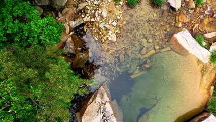 Aerial Drone Footage of a Clear Mountain Stream Flowing Through Mungyeong Countryside in Late Spring and Early Summer, Korea