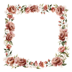 Rose flower frame. Dusty pink garden flowers round arrangement. Watercolor hand painted floral isolated illustration