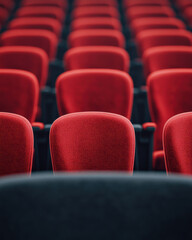 Fototapeta premium Theater Performing Arts, Close-up of empty red theater seats, showcasing a theater environment ready for a lively performance or cinematic experience.