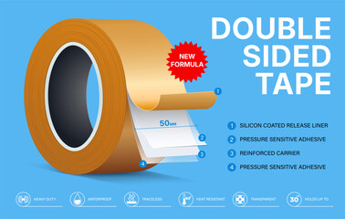 Realistic Vector Yellow Double-Sided Reinforced Duct Tape Roll with Infographic Layers, Sticky Structure, Icons, and Coating Details. Office, Tool, Repair, Industrial Adhesive Illustration