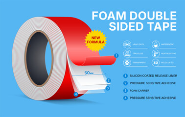 Vector Illustration of red Double-Sided Foam Adhesive Tape Roll with Infographic Layers and Icons. Realistic Sticky Tape with foam Base. Soft Mounting Tape, Repair, Packaging, Craft and Office Use.