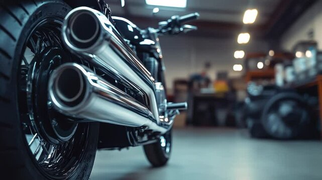 Captivating view of a sleek motorcycle with polished chrome exhausts in a workshop