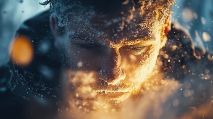Close-up portrait of a man's face covered in snow during winter season