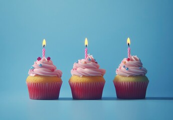Three Festive Birthday Cupcakes with Pink Frosting and Candles