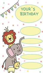 Fototapeta premium Adorable Animal Birthday Party Design Featuring Lion Elephant and Bunny Perfect for Card Invitations