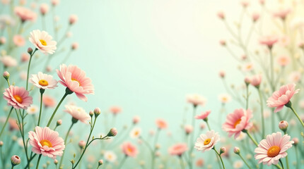 Obraz premium Artistic Composition of Purple and White Flowers on Soft Blue Background