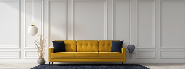Canapé de couleur jaune avec coussins noirs, luminaires suspendus, sur un mur de lambris blanc avec boiseries dans une pièce d'intérieur minimaliste d'un appartement ou d'une maison d'habitation.