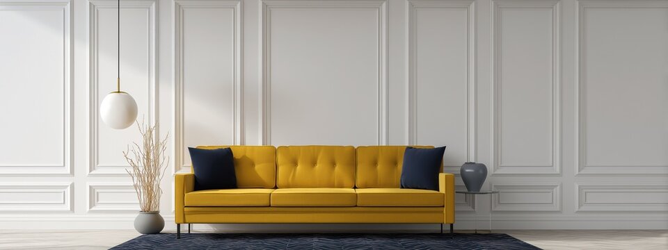 Canap&eacute; de couleur jaune avec coussins noirs, luminaires suspendus, sur un mur de lambris blanc avec boiseries dans une pi&egrave;ce d'int&eacute;rieur minimaliste d'un appartement ou d'une maison d'habitation.