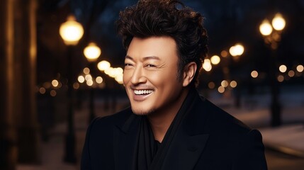 Obraz premium Charismatic Man Smiling in Urban Park at Night Surrounded by Soft Lantern Glow