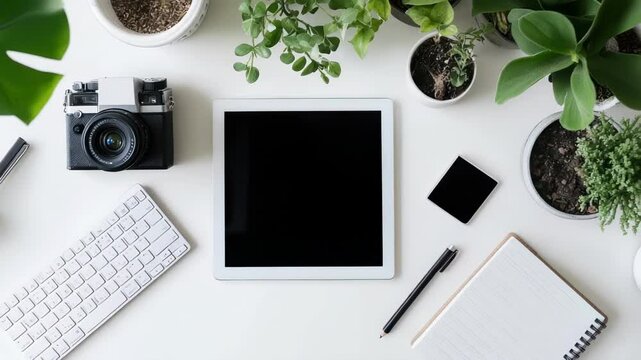 Overhead view of minimalist workspace with tablet, camera and green plants