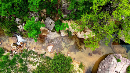 Aerial Drone Footage of a Clear Mountain Stream Flowing Through Mungyeong Countryside in Late Spring and Early Summer, Korea