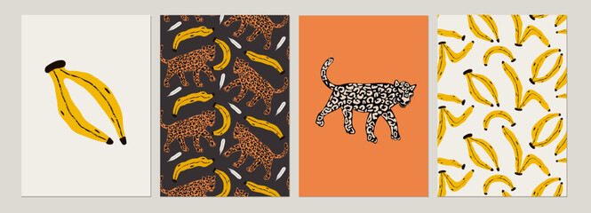 Collection of Hand-Drawn Banana and Leopard Illustrations