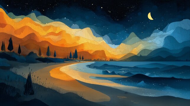Serene night landscape with mountains and a winding beach path. Brainwave sleep patterns.