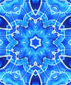 Blue watercolor mandala pattern with star design and intricate details