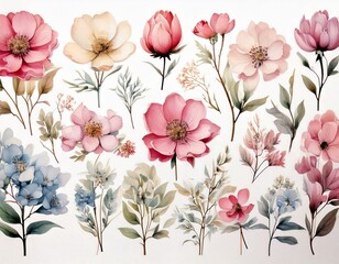 Watercolor, flowers, botanical, illustrations, abstract, hand-painted — a beautiful set of artistic elements designed for creative projects, perfect for adding elegance and charm to invitations, stati
