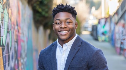 Young Man Smiling in Urban Alleyway with Colorful Graffiti Background